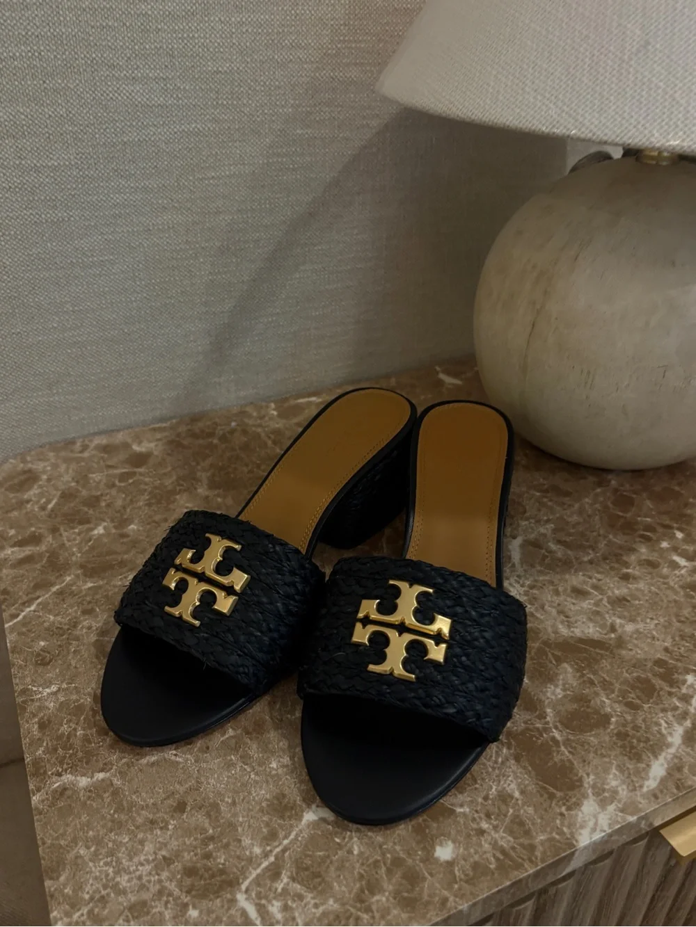 Tory Burch Black Raffia Slide Mules with Gold Logo